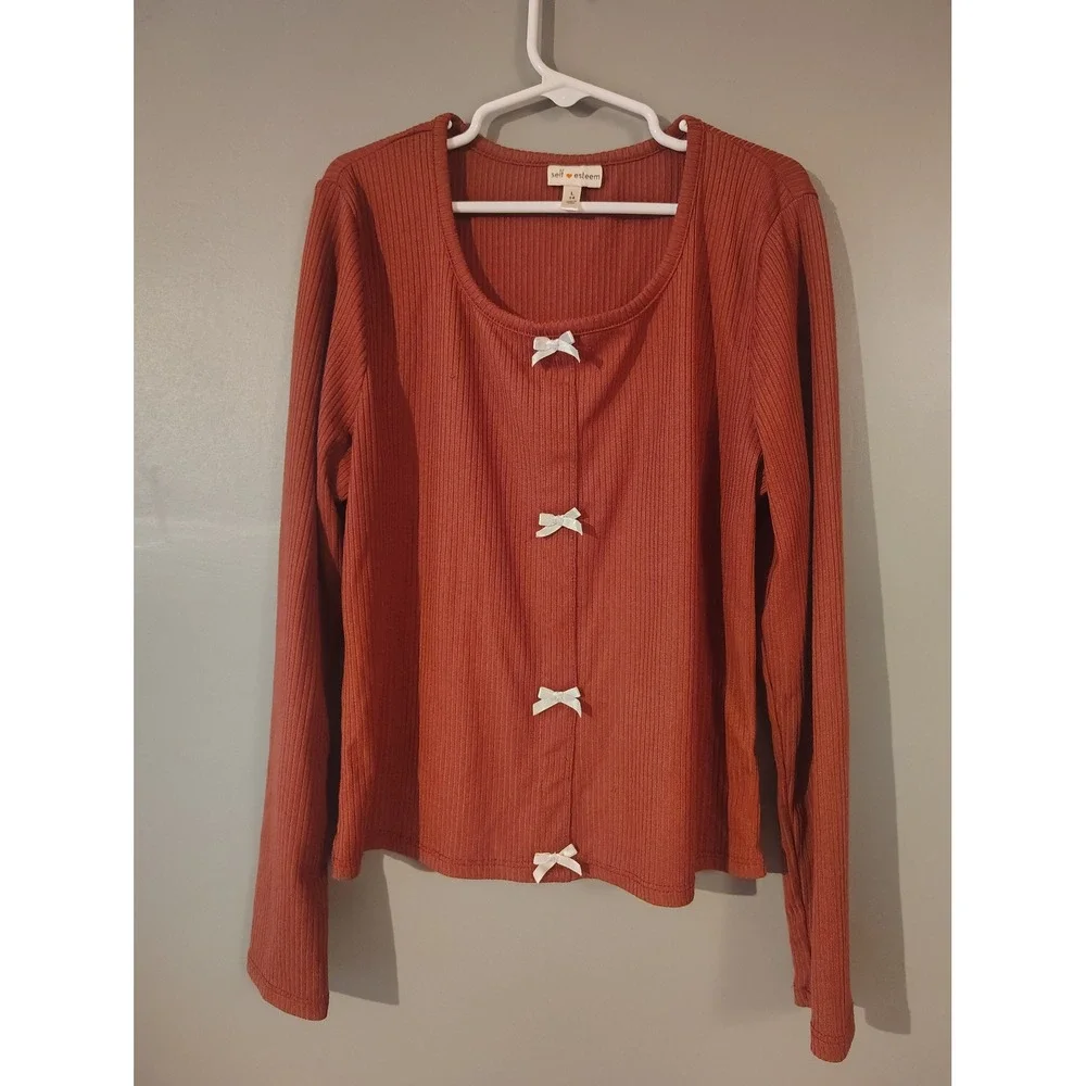 Self Esteem Girls Rust Orange Ribbed Long Sleeve Bow Front Top Size L 14